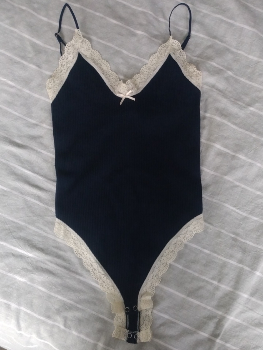 stradivarius Navy Bodysuit with Cream Lace Trim
